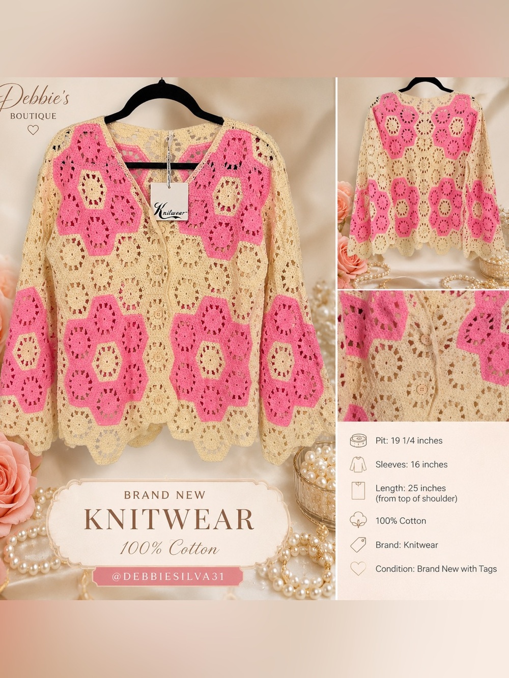 NWT Knitwear 100% Cotton Pink Cream Crochet Cardigan Boho One Size - Picture 5 of 5